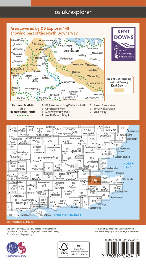 Carte de randonnée n° 148 - Maidstone, Medway Towns (Grande Bretagne) | Ordnance Survey - Explorer carte pliée Ordnance Survey Papier 
