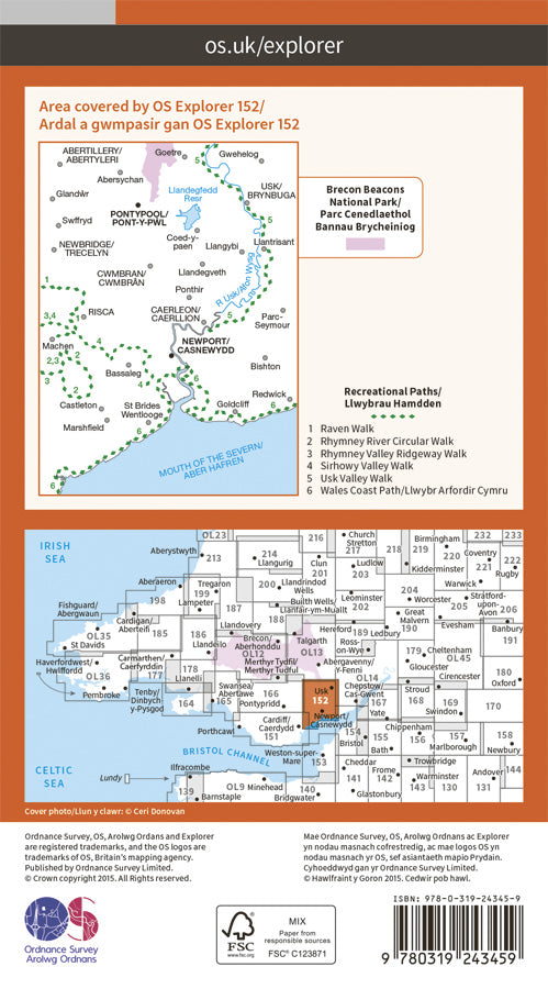 Carte de randonnée n° 152 - Newport, Pontypool (Grande Bretagne) | Ordnance Survey - Explorer carte pliée Ordnance Survey Papier 