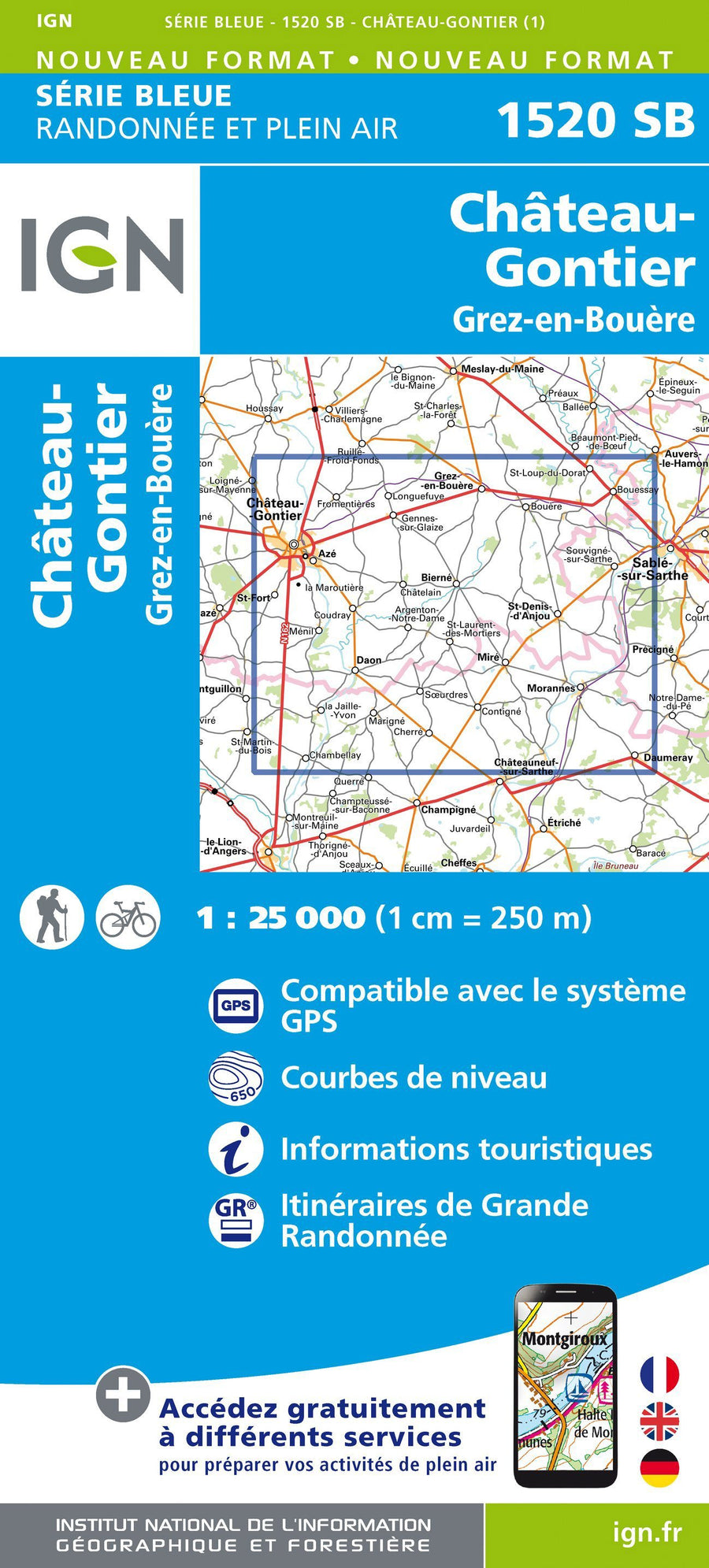 Carte de randonnée n° 1520 - Château-Gontier, Grez-en-Bouère | IGN - Série Bleue carte pliée IGN 