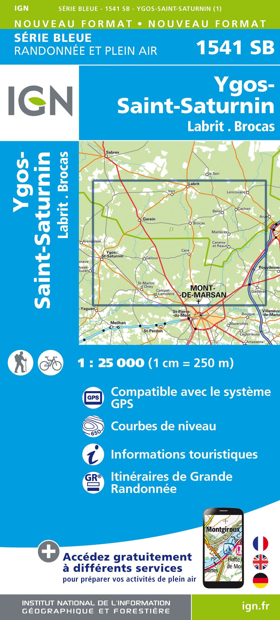 Carte de randonnée n° 1541 - Ygos-St-Saturnin, Labrit, Brocas | IGN - Série Bleue carte pliée IGN 