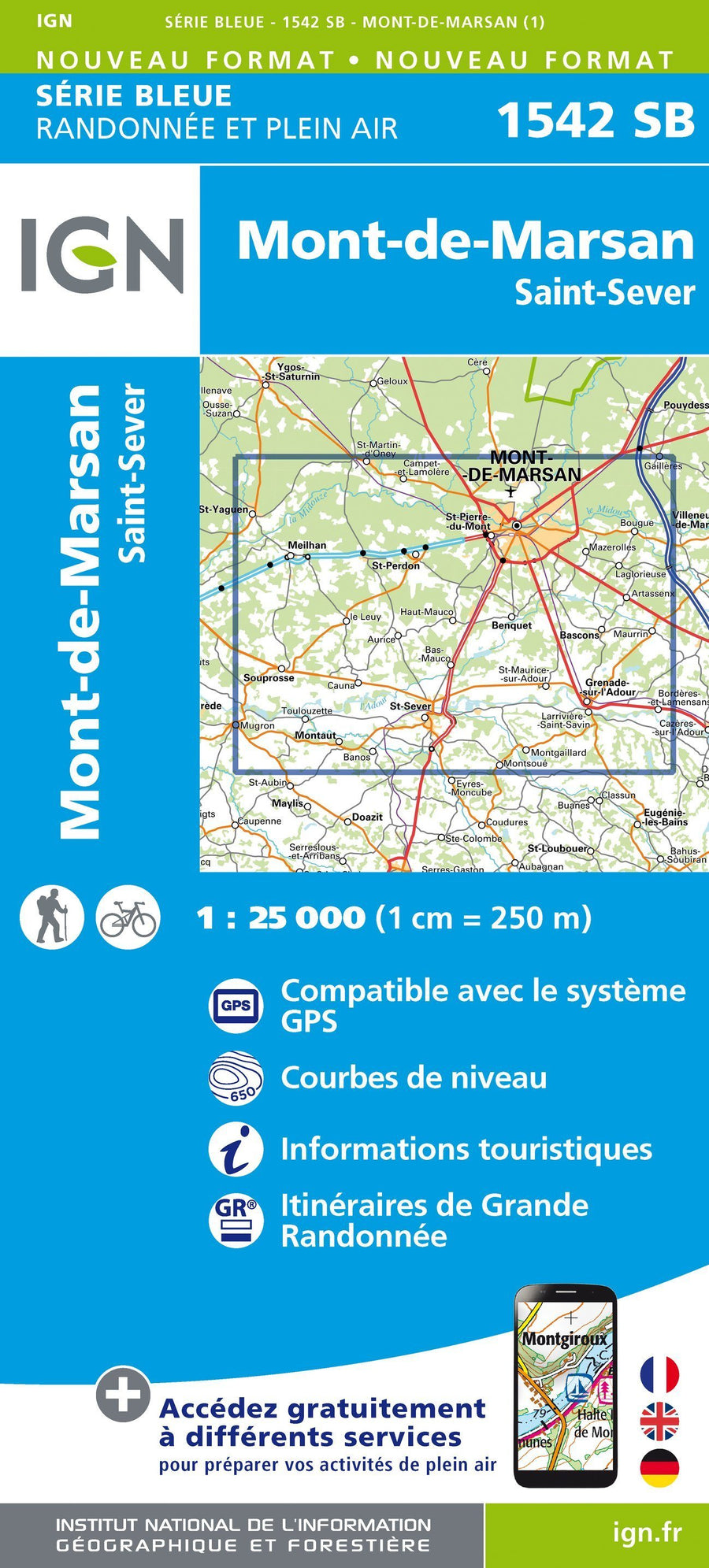 Carte de randonnée n° 1542 - Mont-de-Marsan, Saint-Sever | IGN - Série Bleue carte pliée IGN 