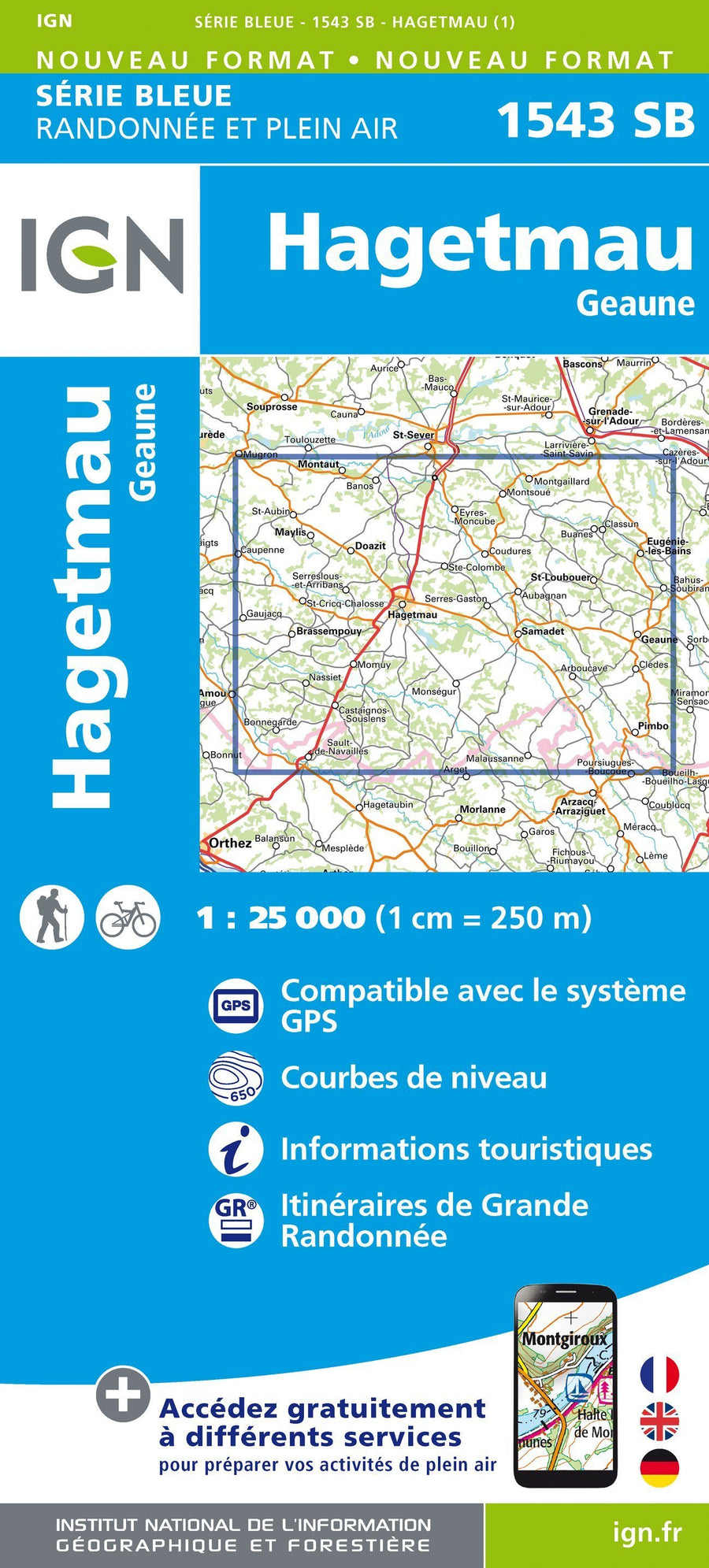 Carte de randonnée n° 1543 - Hagetmau, Geaune | IGN - Série Bleue carte pliée IGN 