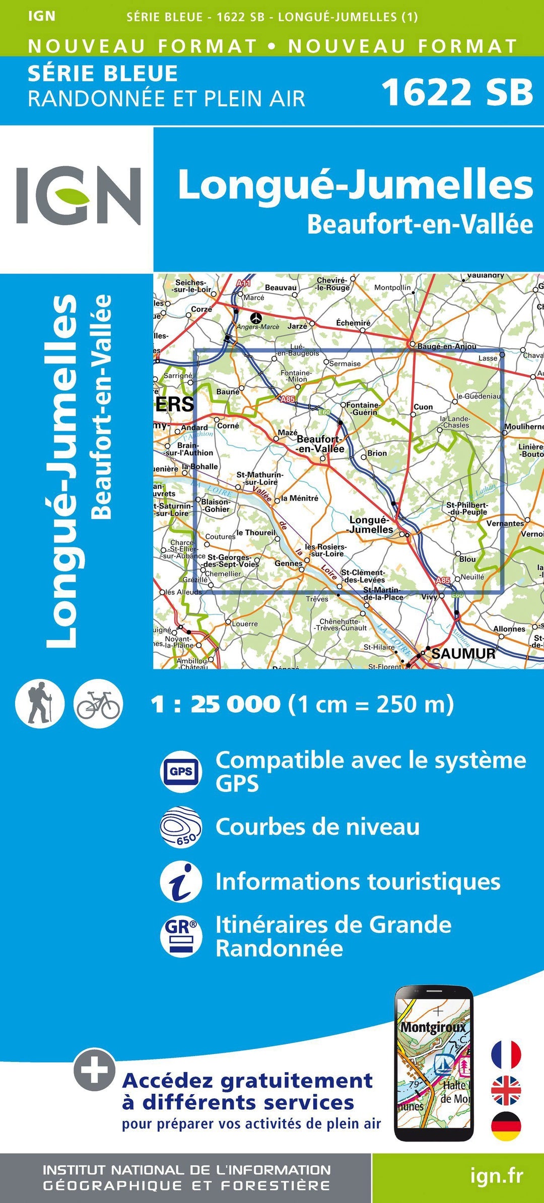 Carte de randonnée n° 1622 - Longué-Jumelles, Beaufort-en-Vallée | IGN - Série Bleue carte pliée IGN 