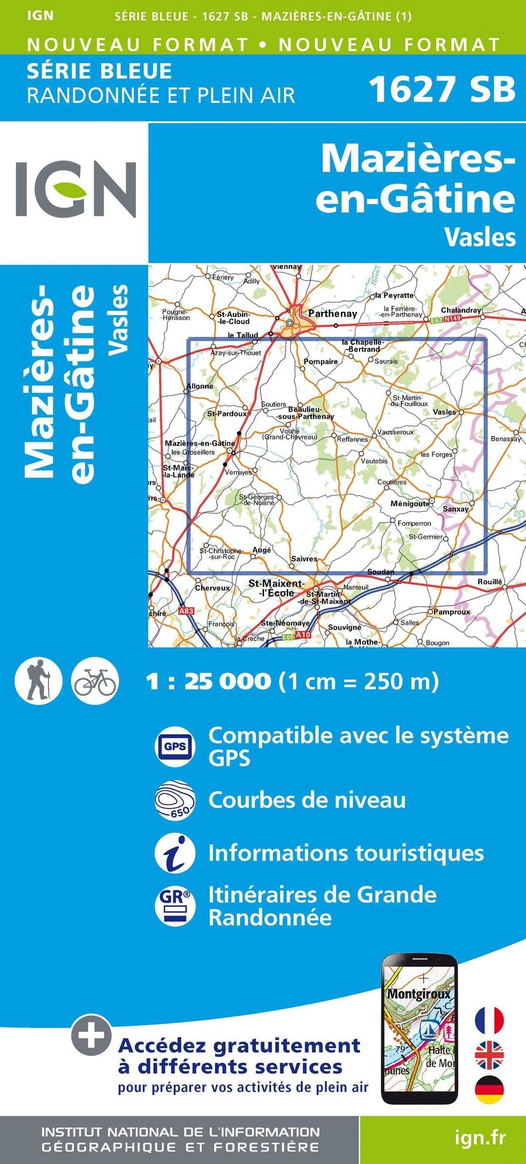 Carte de randonnée n° 1627 - Mazières-en-Gâtine, Vasles | IGN - Série Bleue carte pliée IGN 
