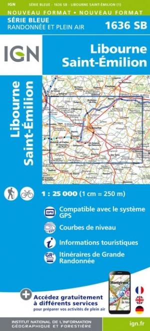 Carte de randonnée n° 1636 - Libourne, Saint-Emilion | IGN - Série Bleue carte pliée IGN 