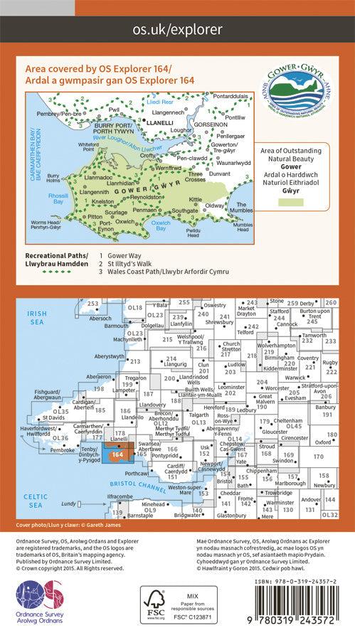 Carte de randonnée n° 164 - Gower, Gwyr (Grande Bretagne) | Ordnance Survey - Explorer carte pliée Ordnance Survey Papier 