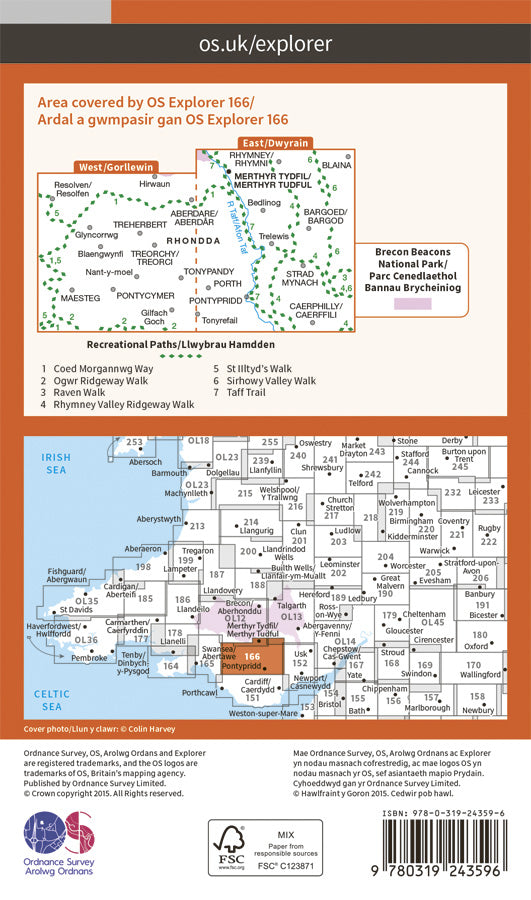 Carte de randonnée n° 166 - Rhondda, Merthyr Tydfil (Grande Bretagne) | Ordnance Survey - Explorer carte pliée Ordnance Survey Papier 