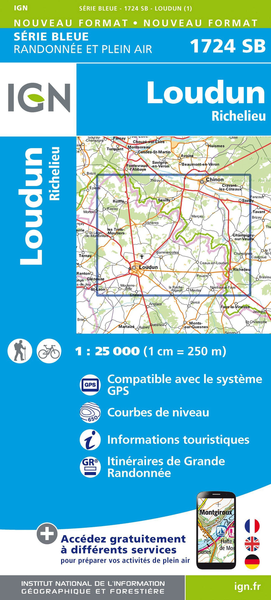 Carte de randonnée n° 1724 - Loudun, Richelieu | IGN - Série Bleue carte pliée IGN 