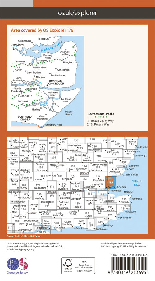 Carte de randonnée n° 176 - Blackwater Estuary (Grande Bretagne) | Ordnance Survey - Explorer carte pliée Ordnance Survey Papier 