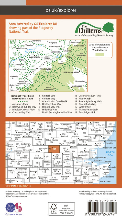 Carte de randonnée n° 181 - Chiltern Hills North (Grande Bretagne) | Ordnance Survey - Explorer carte pliée Ordnance Survey Papier 