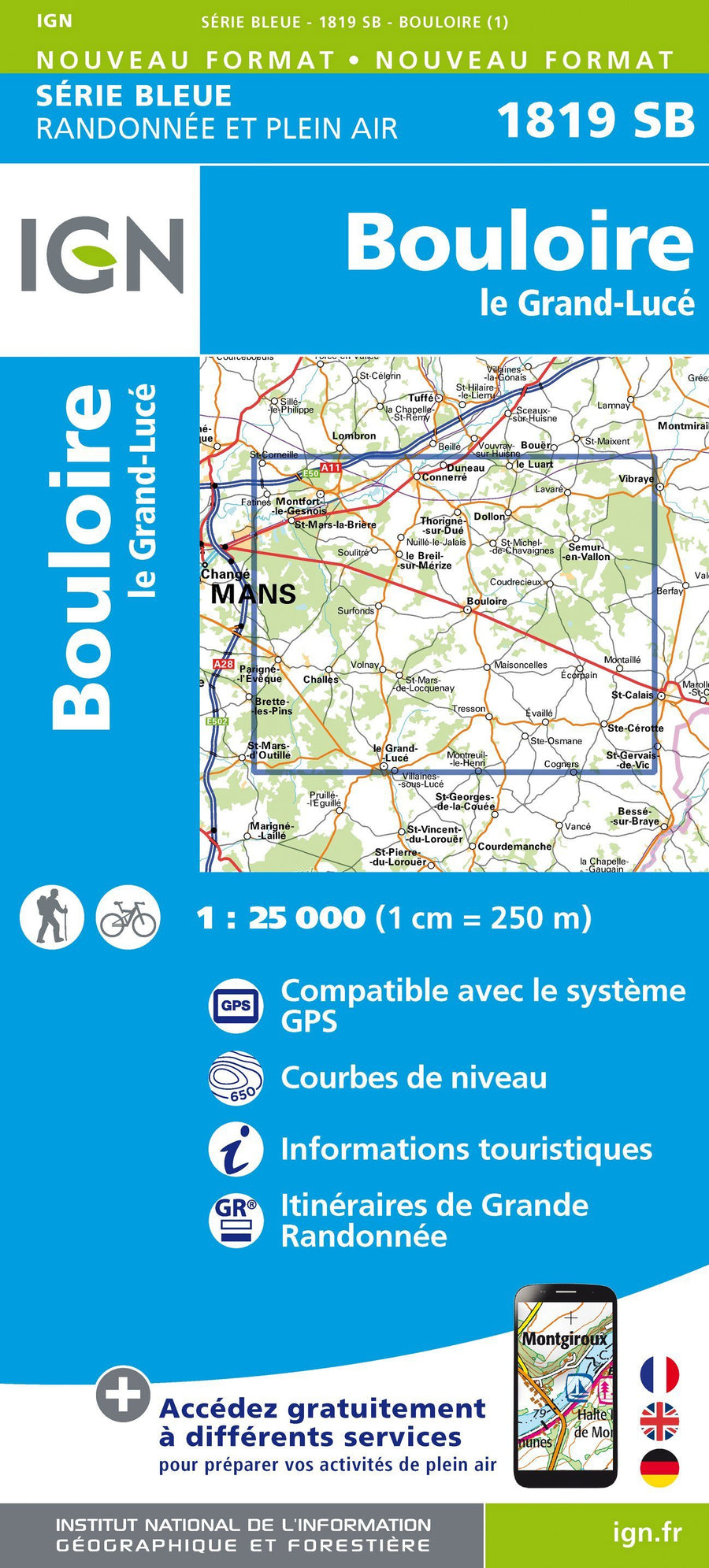 Carte de randonnée n° 1819 - Bouloire, Le Grand-Lucé | IGN - Série Bleue carte pliée IGN 