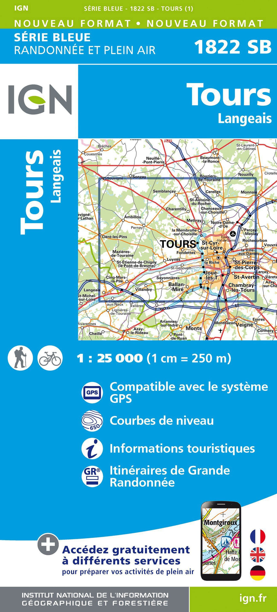 Carte de randonnée n° 1822 - Tours, Langeais | IGN - Série Bleue carte pliée IGN 