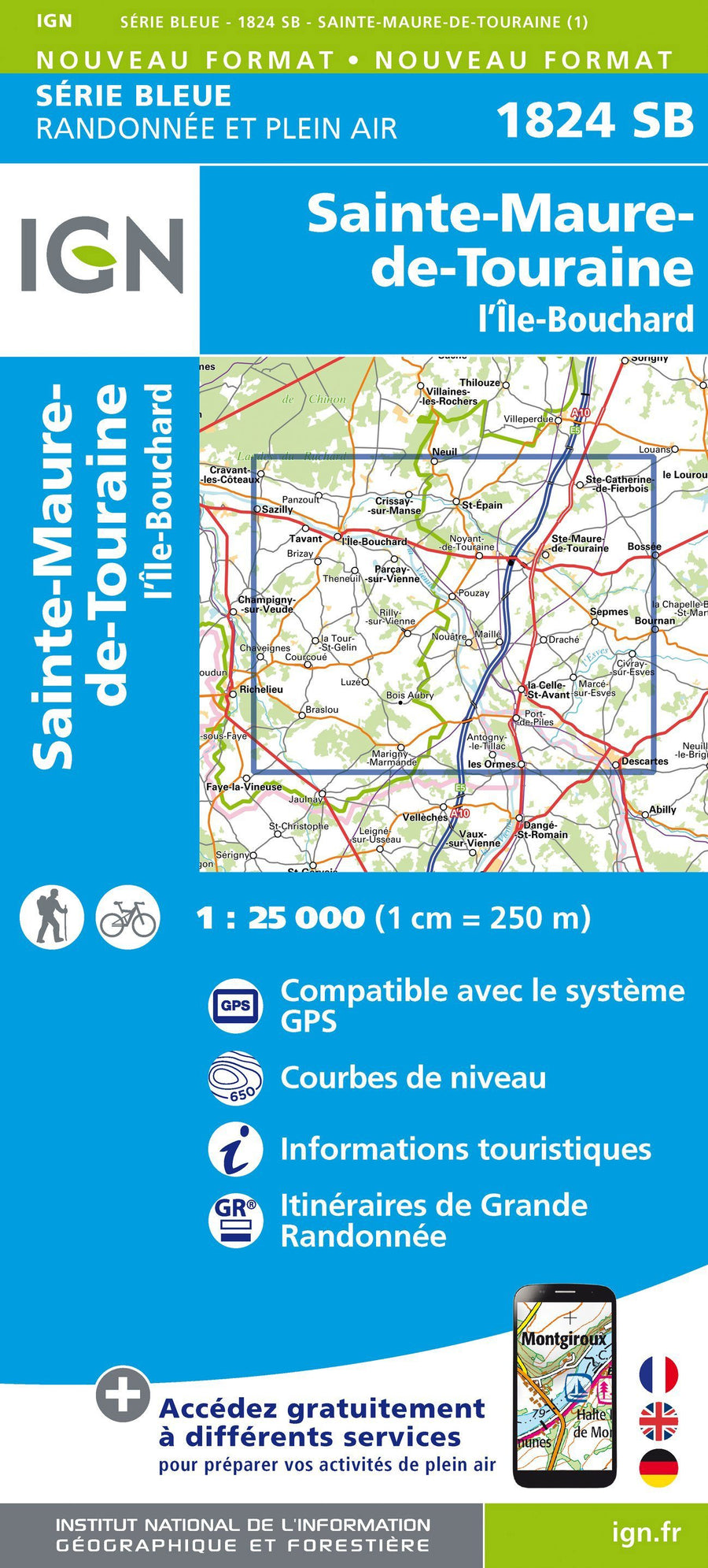 Carte de randonnée n° 1824 - Ste-Maure-de-Touraine, L'Ile-Bouchard | IGN - Série Bleue carte pliée IGN 
