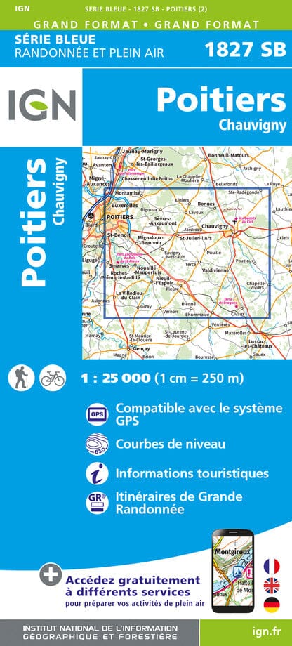 Carte de randonnée n° 1827 - Poitiers, Chauvigny | IGN - Série Bleue carte pliée IGN 