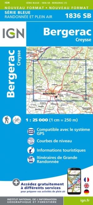 Carte de randonnée n° 1836 - Bergerac, Creysse | IGN - Série Bleue carte pliée IGN 