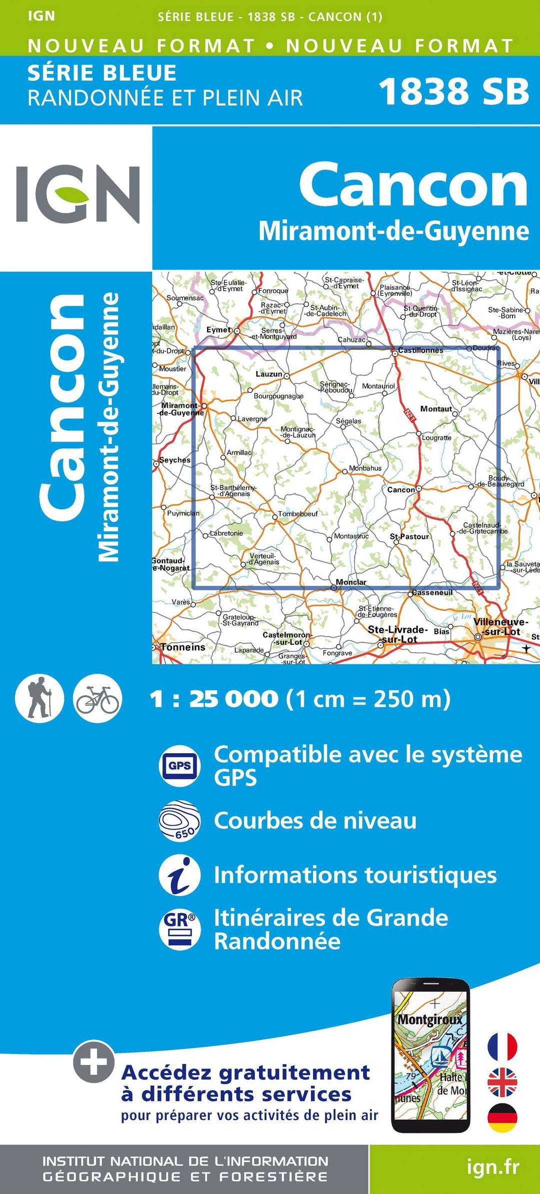 Carte de randonnée n° 1838 - Cancon - Miramont-de-Guyenne | IGN - Série Bleue carte pliée IGN 