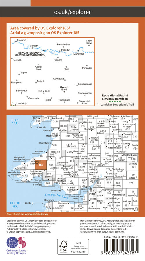 Carte de randonnée n° 185 - Newcastle Emlyn (Grande Bretagne) | Ordnance Survey - Explorer carte pliée Ordnance Survey Papier 