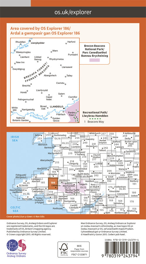 Carte de randonnée n° 186 - Llandeilo, Brechfa Forest (Grande Bretagne) | Ordnance Survey - Explorer carte pliée Ordnance Survey Papier 