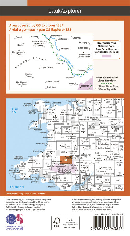 Carte de randonnée n° 188 - Builth Wells, Llanfair-ym-Muallt (Grande Bretagne) | Ordnance Survey - Explorer carte pliée Ordnance Survey Papier 
