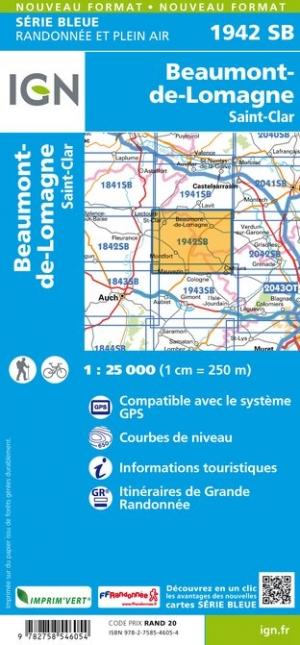 Carte de randonnée n° 1942 - Beaumont-de-Lomagne, St-Clar | IGN - Série Bleue carte pliée IGN 