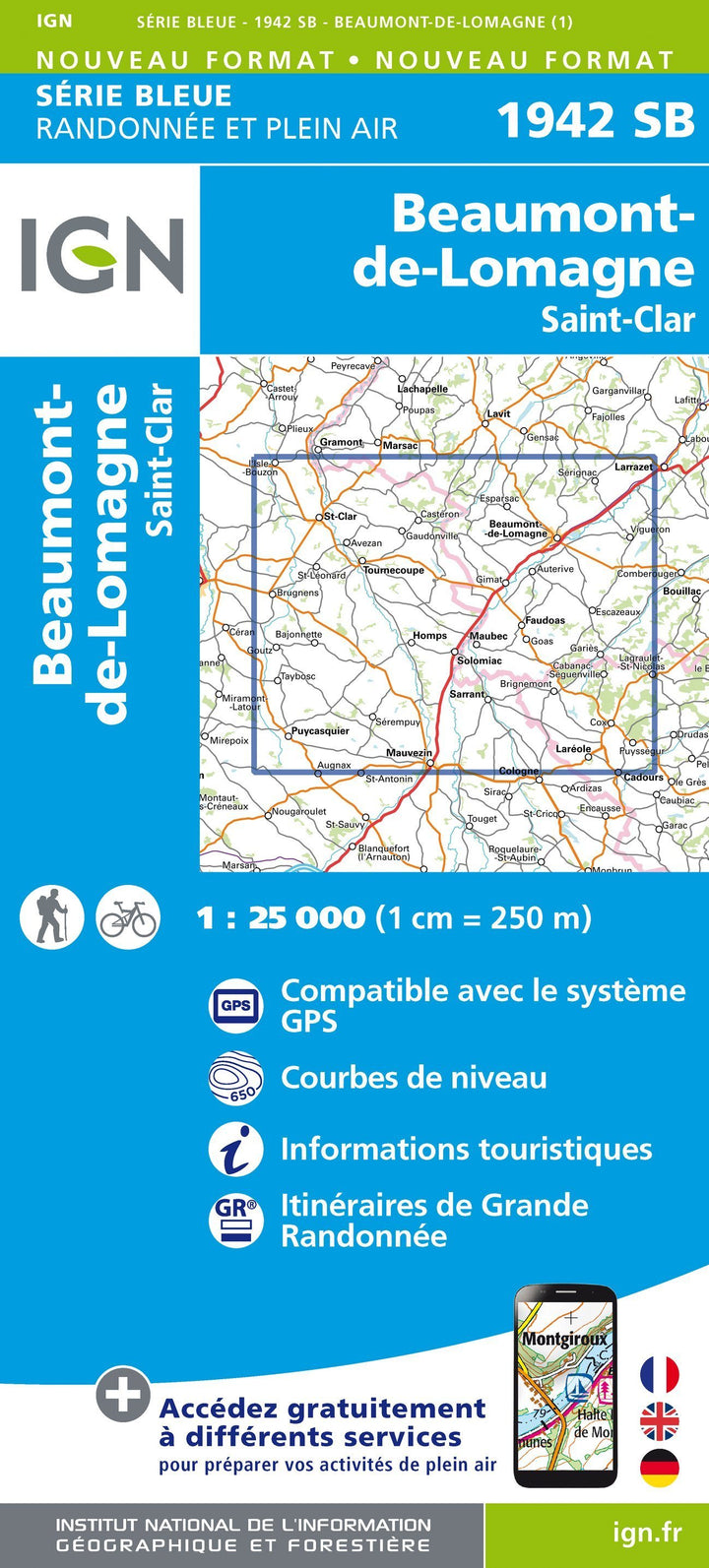 Carte de randonnée n° 1942 - Beaumont-de-Lomagne, St-Clar | IGN - Série Bleue carte pliée IGN 