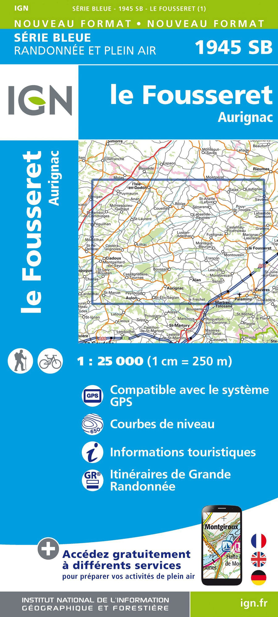 Carte de randonnée n° 1945 - Le Fousseret, Aurignac | IGN - Série Bleue carte pliée IGN 
