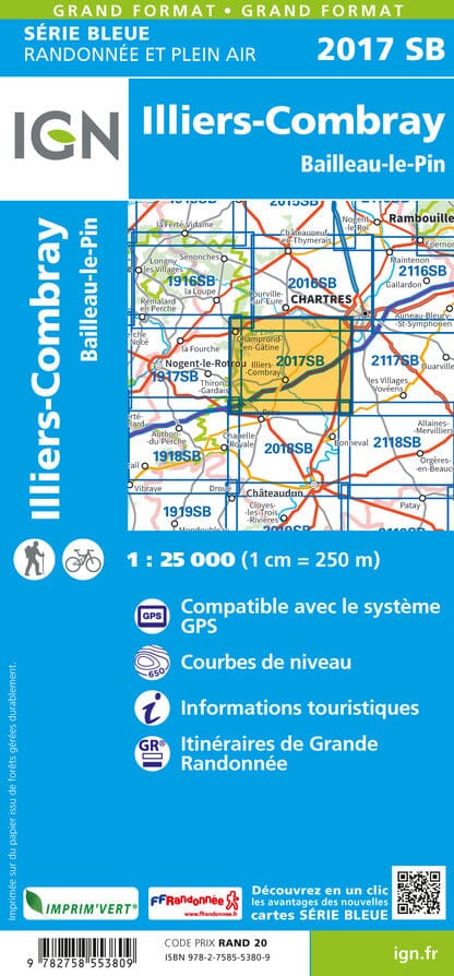 Carte de randonnée n° 2017 - Illiers-Combray, Bailleau-le-Pin | IGN - Série Bleue carte pliée IGN 