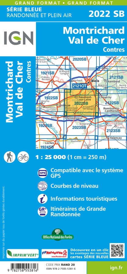 Carte de randonnée n° 2022 - Montrichard, Val de Cher, Contres | IGN - Série Bleue carte pliée IGN 
