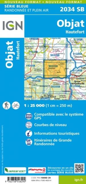 Carte de randonnée n° 2034 - Objat, Hautefort | IGN - Série Bleue carte pliée IGN 