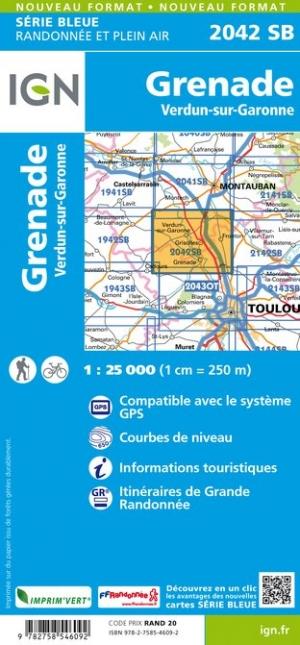 Carte de randonnée n° 2042 - Grenade, Verdun-sur-Garonne (Haute-Garonne) | IGN - Série Bleue carte pliée IGN 