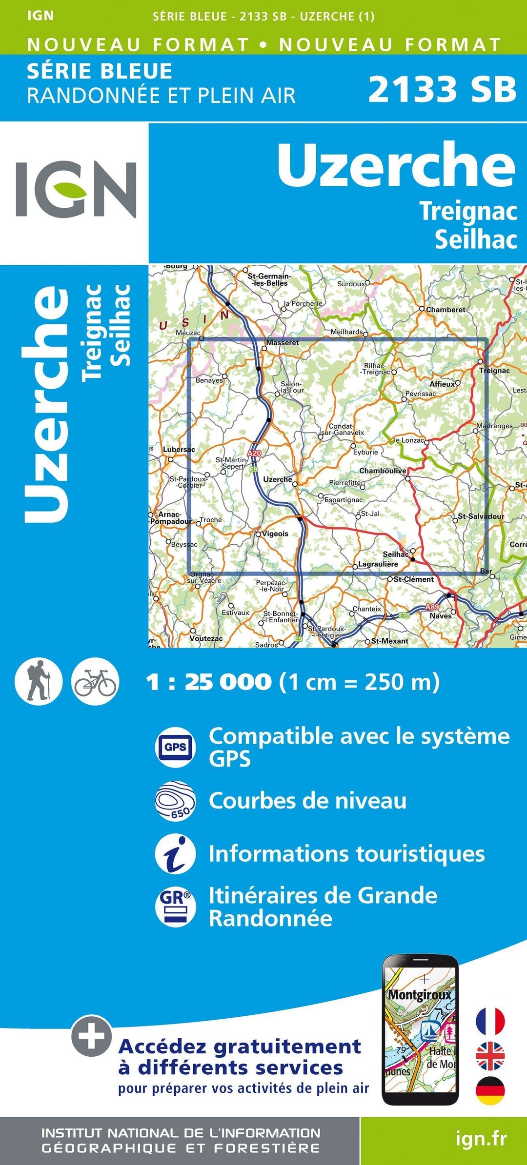 Carte de randonnée n° 2133 - Uzerche, Treignac, Seilhac | IGN - Série Bleue carte pliée IGN 