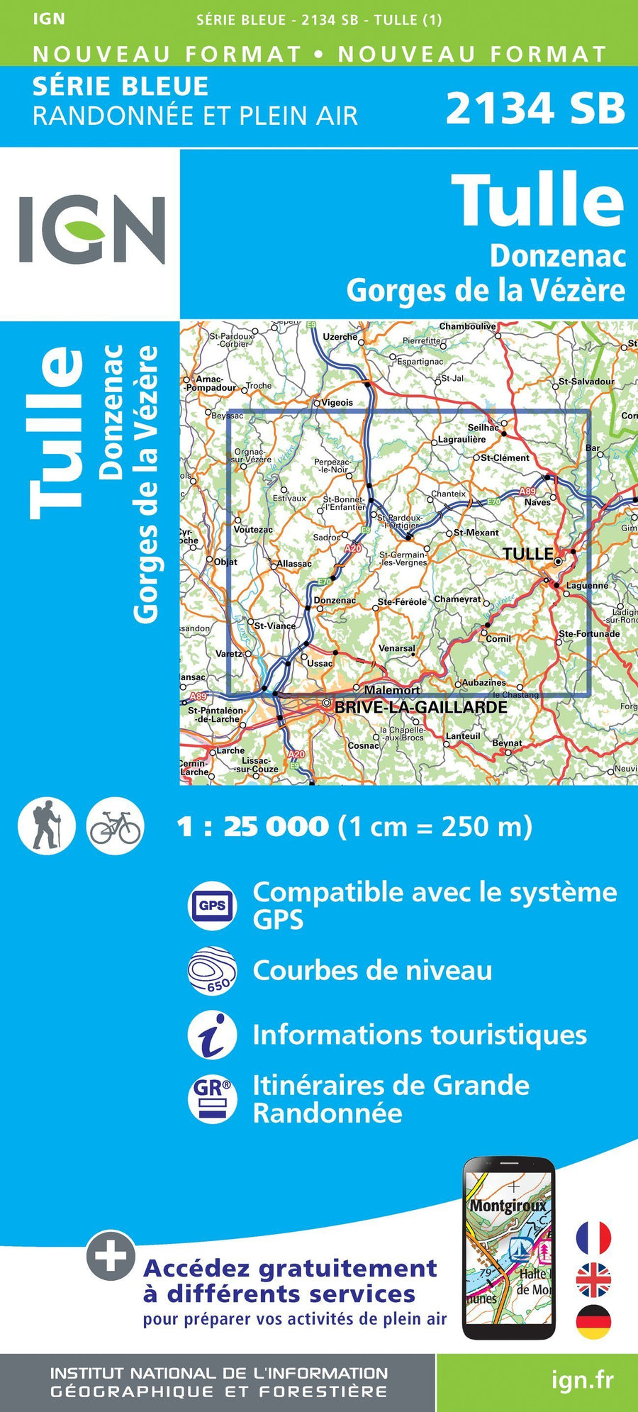 Carte de randonnée n° 2134 - Tulle, Donzenac, Gorges de la Vézère | IGN - Série Bleue carte pliée IGN 