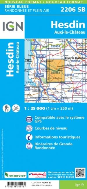 Carte de randonnée n° 2206 - Hesdin, Auxi-le-Château | IGN - Série Bleue carte pliée IGN 