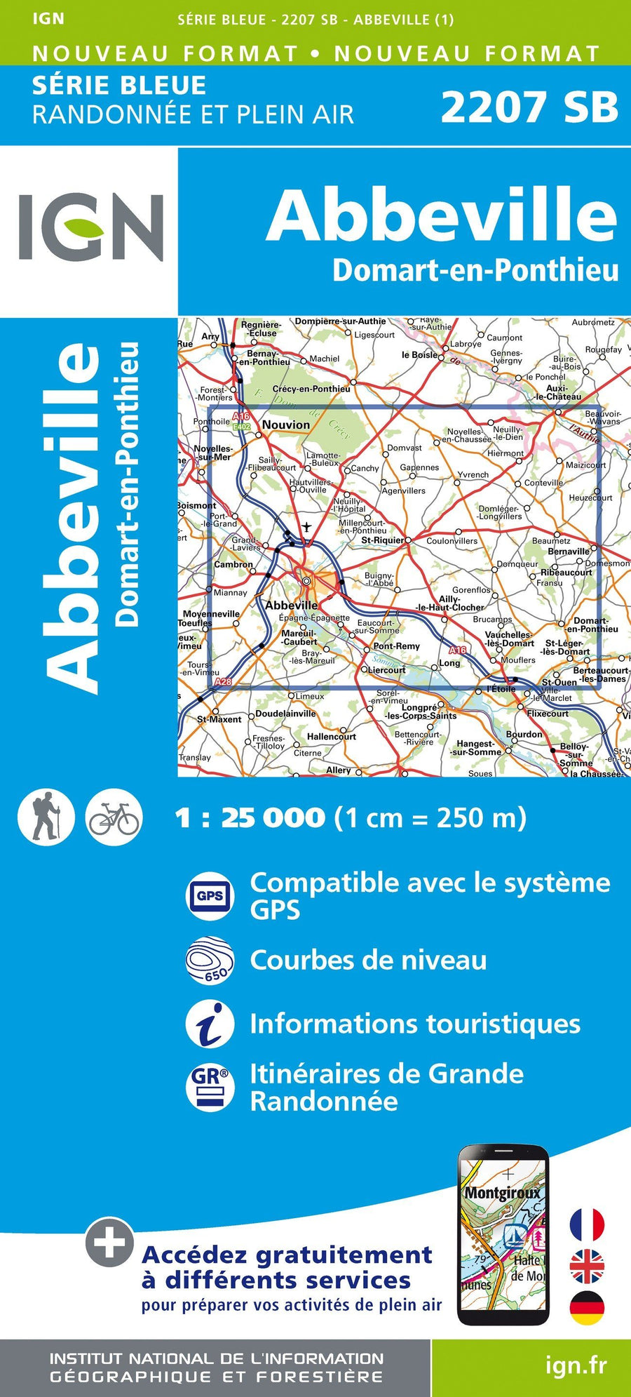 Carte de randonnée n° 2207 - Abbeville, Domart-en-Ponthieu | IGN - Série Bleue carte pliée IGN 