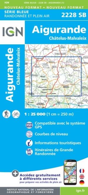 Carte de randonnée n° 2228 - Aigurande, Châtelus-Malvaleix | IGN - Série Bleue carte pliée IGN 