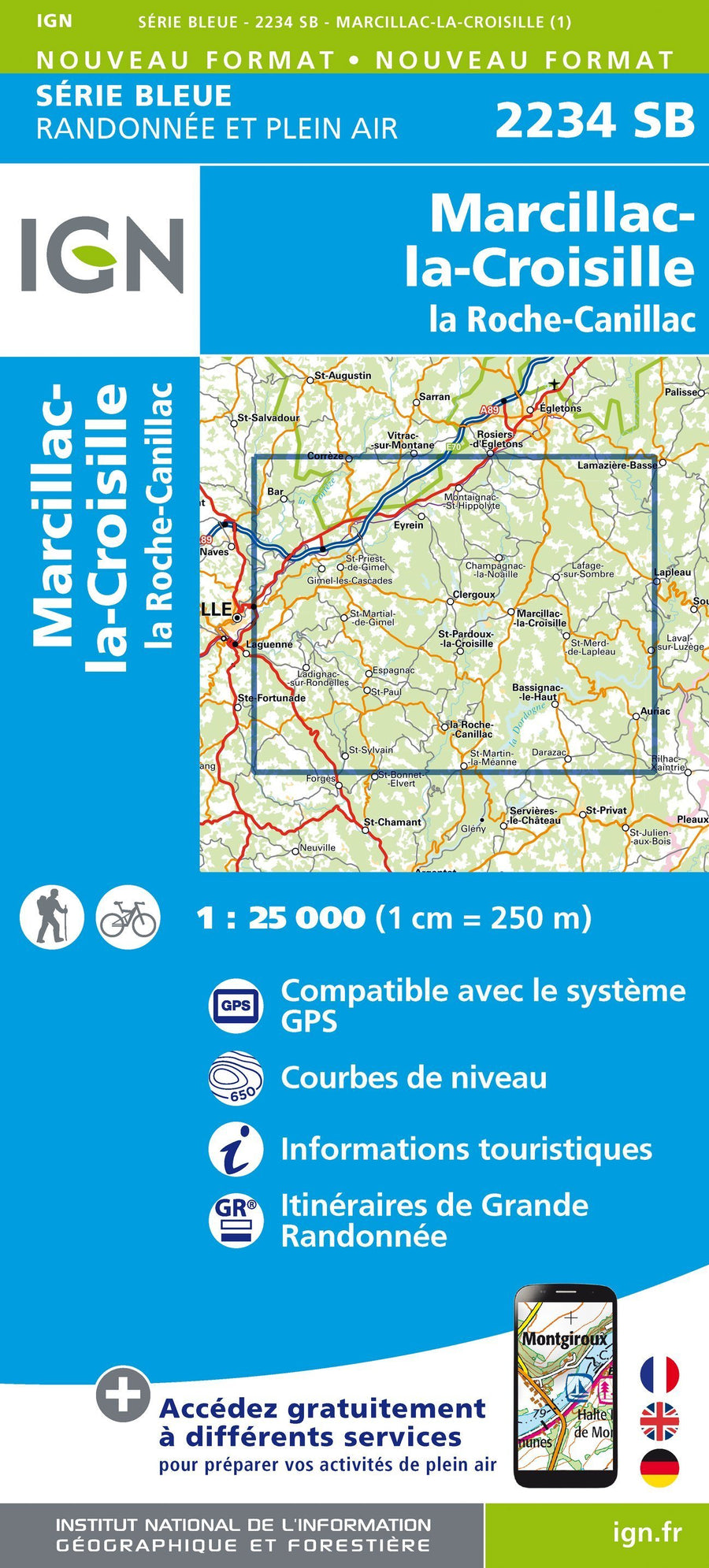 Carte de randonnée n° 2234 - Marcillac-la-Croisille, La Roche-Canillac | IGN - Série Bleue carte pliée IGN 