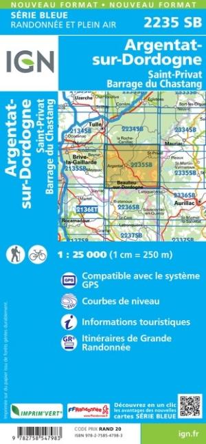 Carte de randonnée n° 2235 - Argentat-sur-Dordogne, Saint-Privat, Barrage du Chastang | IGN - Série Bleue carte pliée IGN 