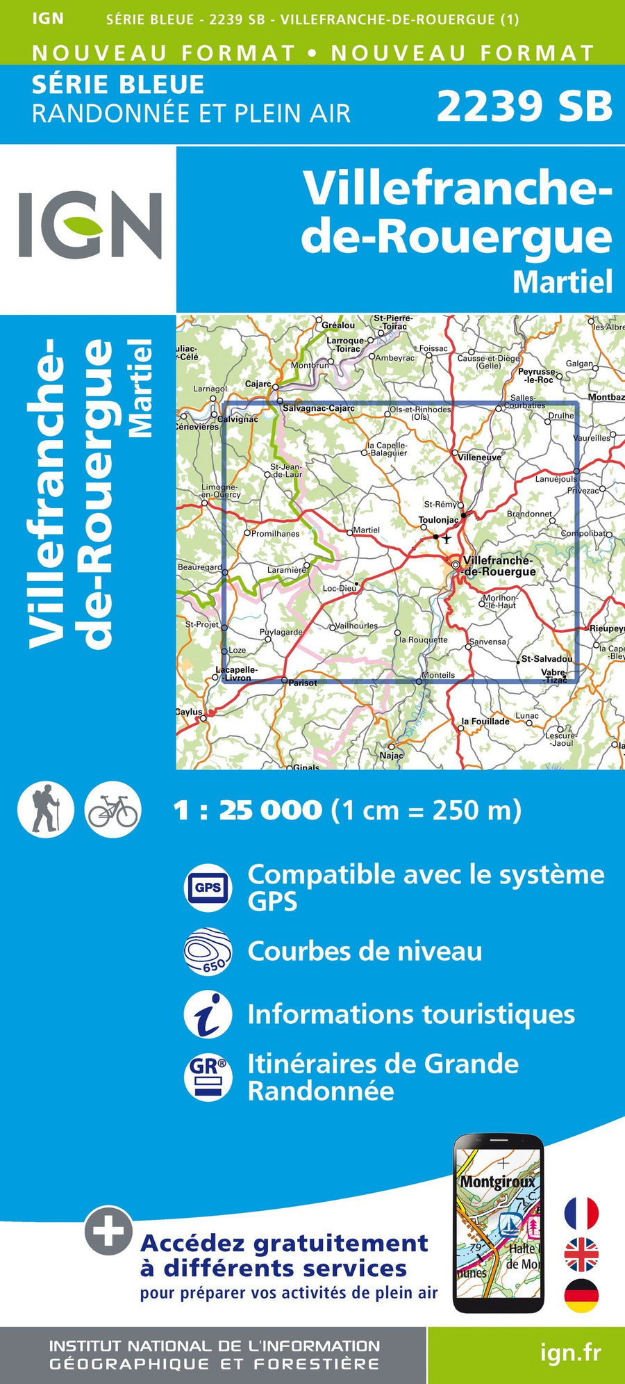 Carte de randonnée n° 2239 - Villefranche-de-Rouergue, Martiel | IGN - Série Bleue carte pliée IGN 