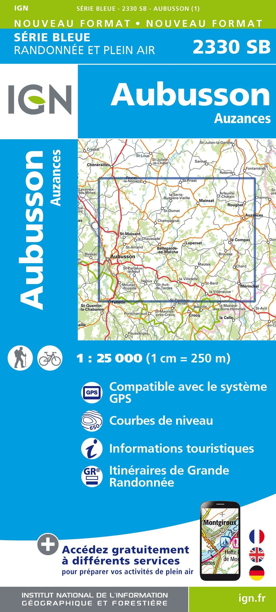 Carte de randonnée n° 2330 - Aubusson, Auzances | IGN - Série Bleue carte pliée IGN 