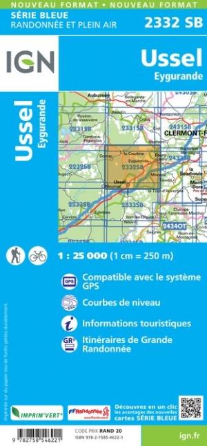 Carte de randonnée n° 2332 - Ussel, Eygurande | IGN - Série Bleue carte pliée IGN 