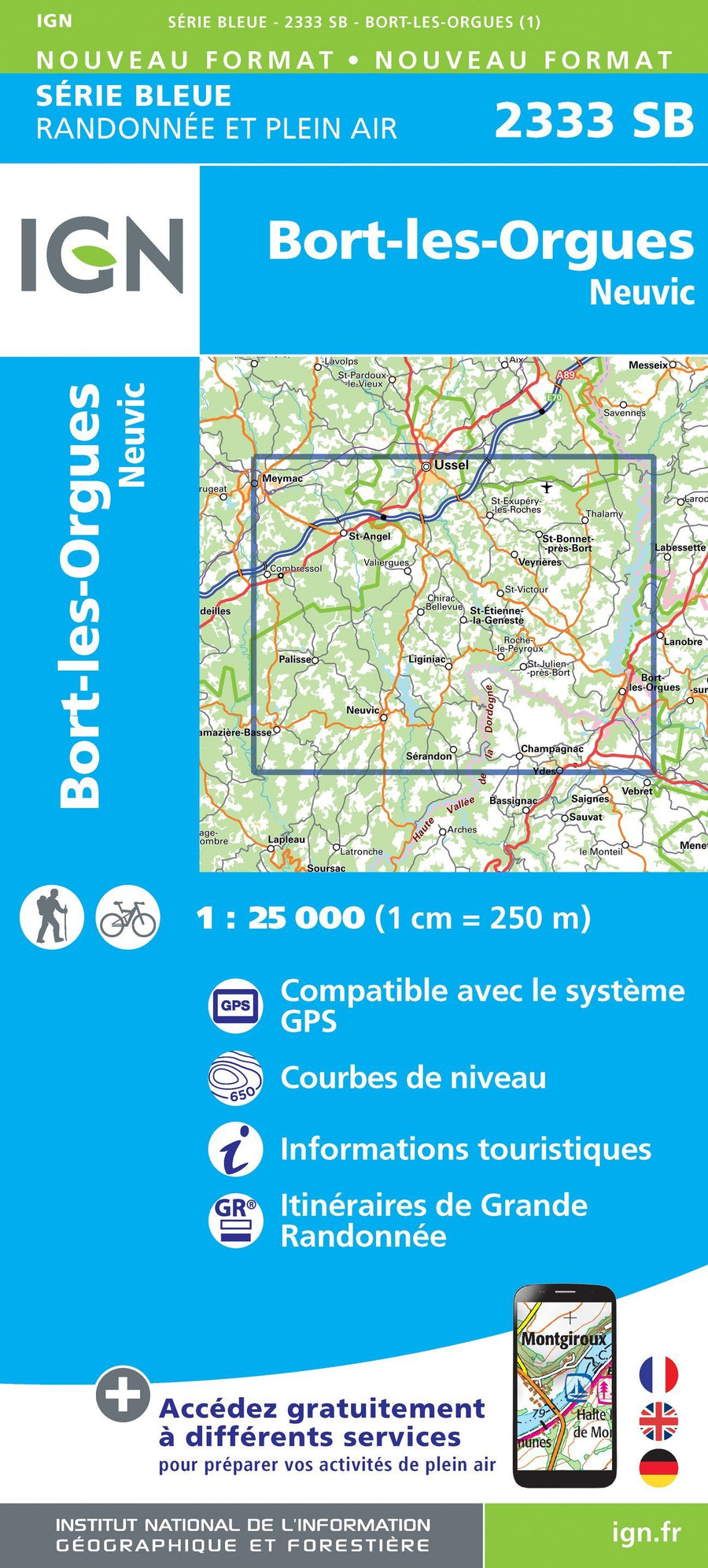 Carte de randonnée n° 2333 - Bort-les-Orgues, Neuvic (Corrèze) | IGN - Série Bleue carte pliée IGN 