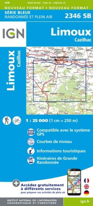Carte de randonnée n° 2346 - Limoux, Cazilhac (Aude) | IGN - Série Bleue carte pliée IGN 