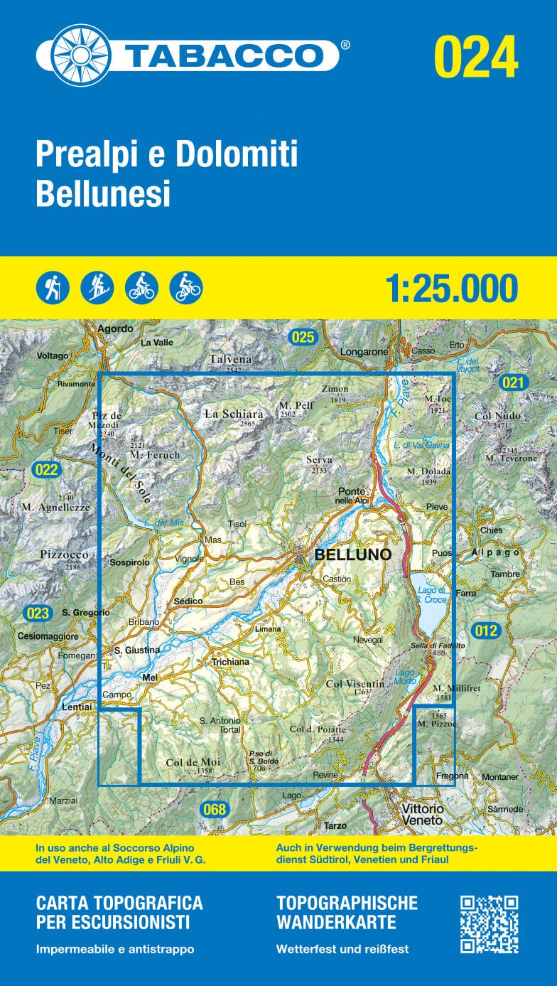 Carte de randonnée n° 24 - Dolomites autour de Belluno (Dolomites, Italie) | Tabacco carte pliée Tabacco 