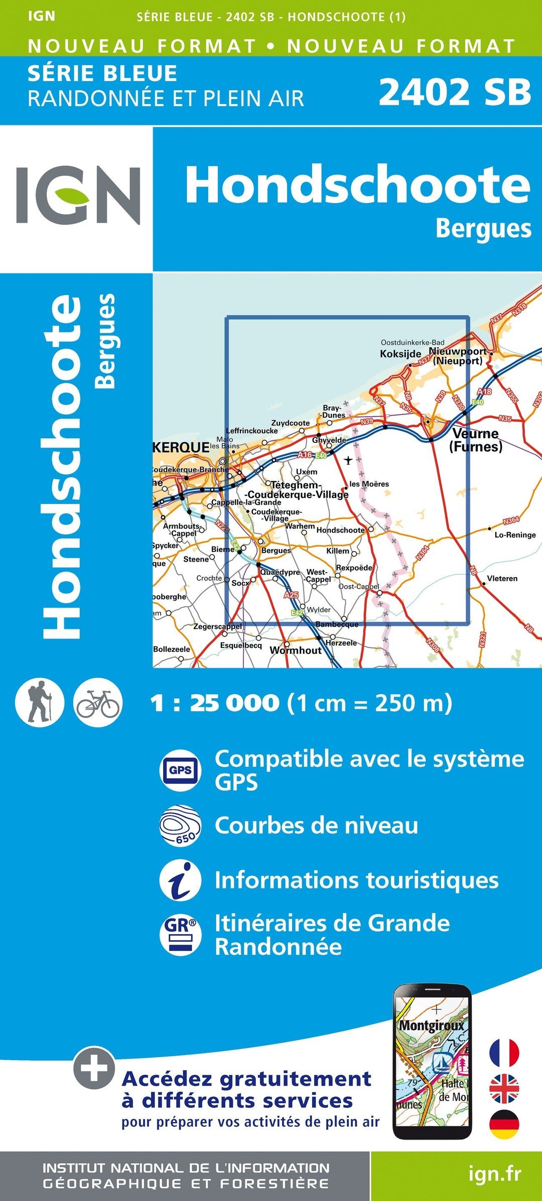 Carte de randonnée n° 2402 - Hondschoote, Bergues | IGN - Série Bleue carte pliée IGN 