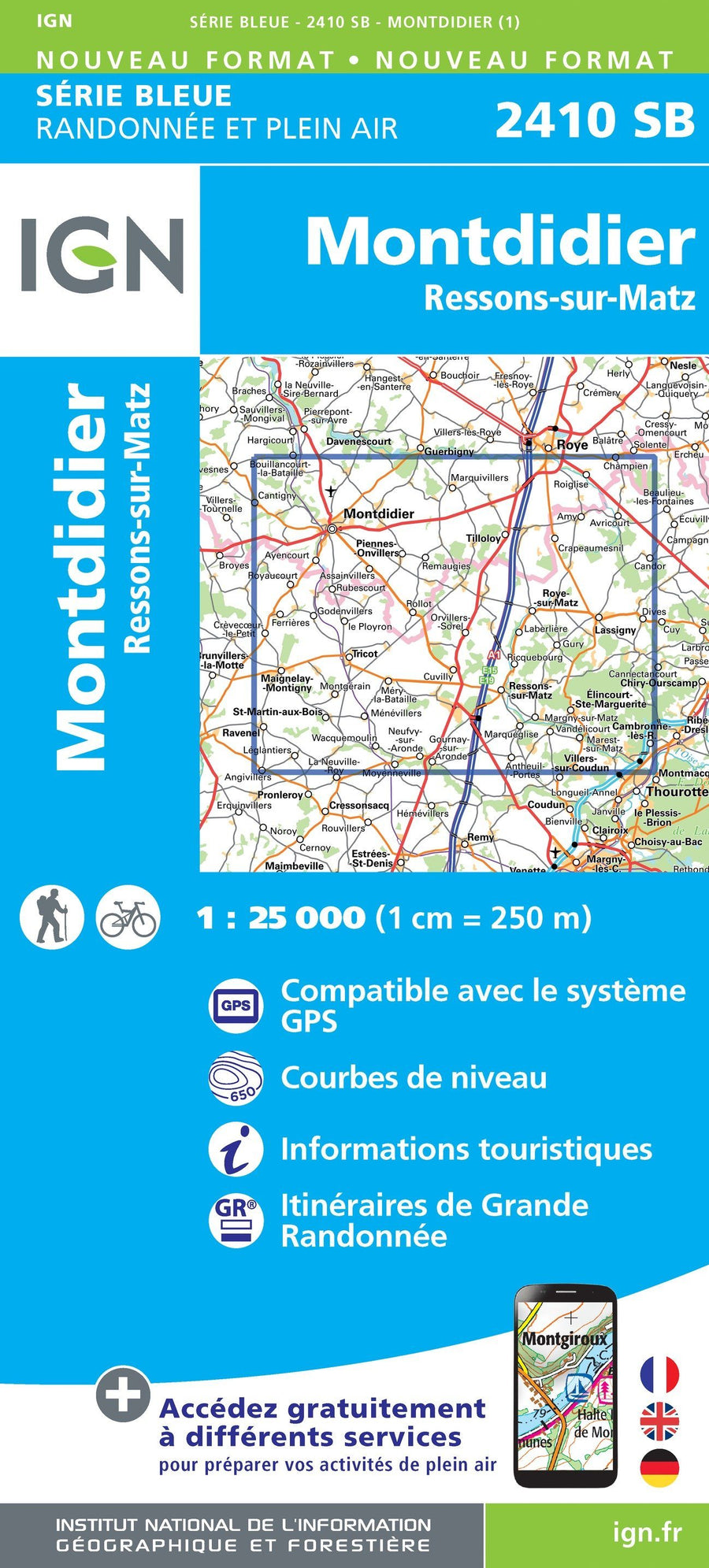 Carte de randonnée n° 2410 - Montdidier, Ressons-sur-Matz (Oise, Somme) | IGN - Série Bleue carte pliée IGN 