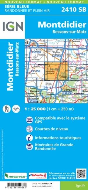 Carte de randonnée n° 2410 - Montdidier, Ressons-sur-Matz (Oise, Somme) | IGN - Série Bleue carte pliée IGN 