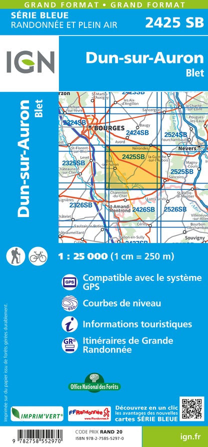 Carte de randonnée n° 2425 - Dun-sur-Auron, Blet | IGN - Série Bleue carte pliée IGN 
