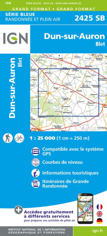 Carte de randonnée n° 2425 - Dun-sur-Auron, Blet | IGN - Série Bleue carte pliée IGN 