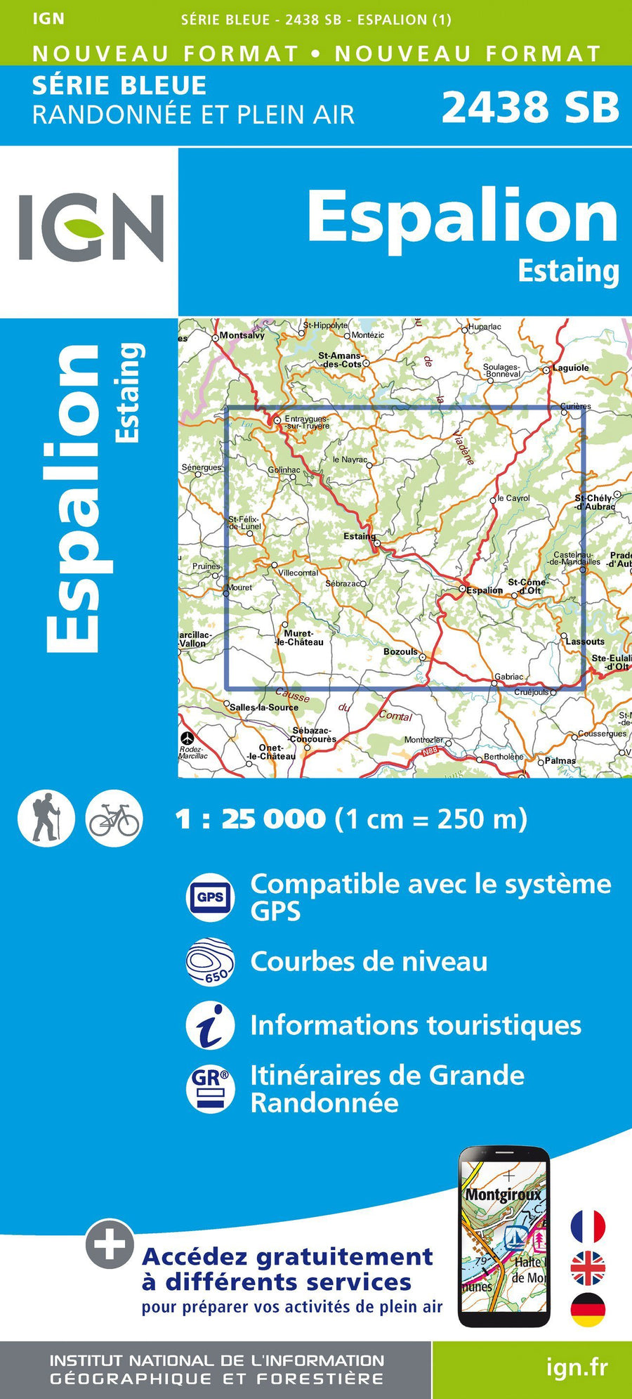 Carte de randonnée n° 2438 - Espalion, Estaing | IGN - Série Bleue carte pliée IGN 