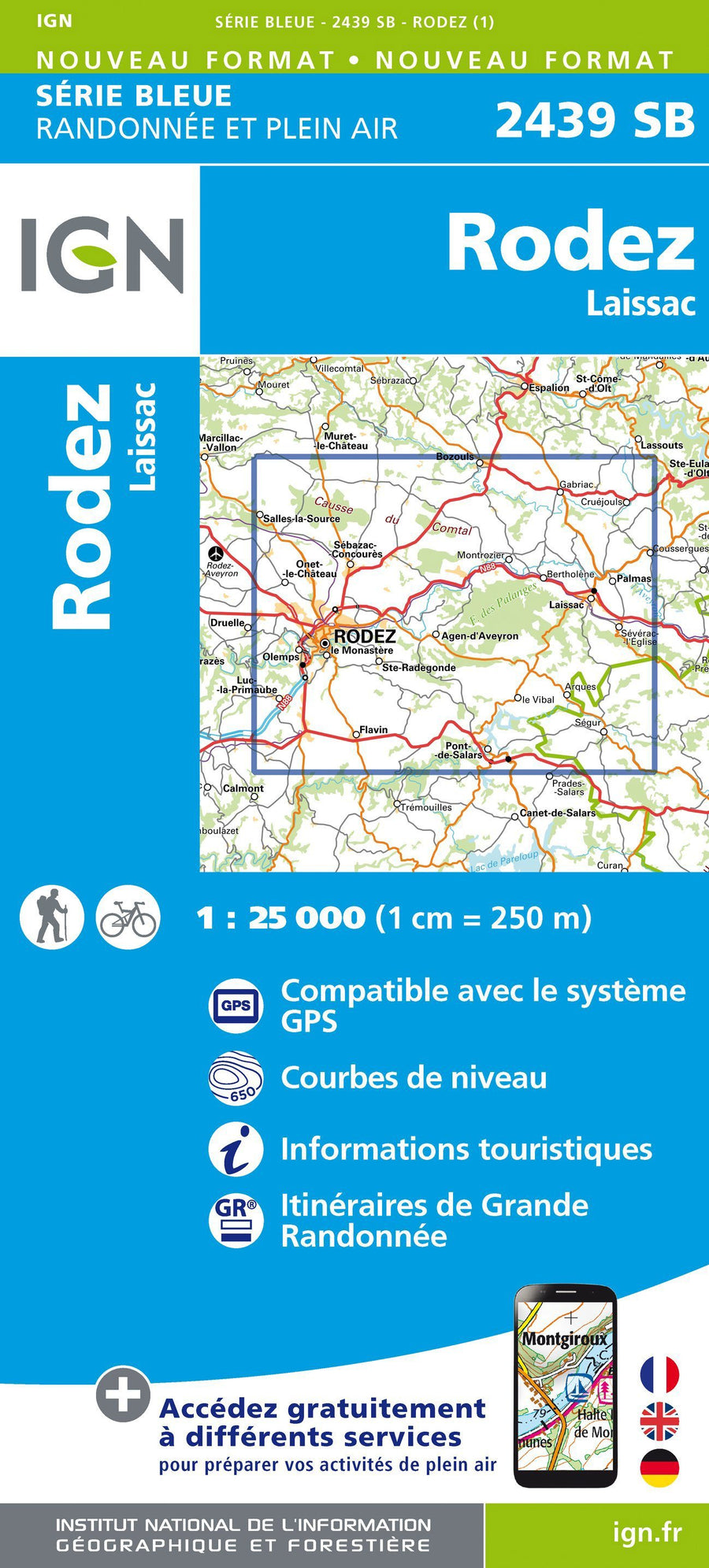 Carte de randonnée n° 2439 - Rodez, Laissac | IGN - Série Bleue carte pliée IGN 